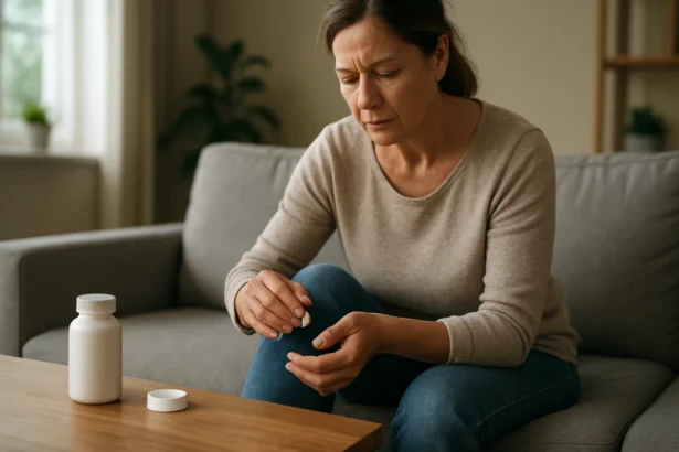 Žena berúca glukozamín na bolesť kĺbov doma