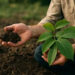 Pestovateľ drží hrst pôdy a mladý rastlinný výhonok