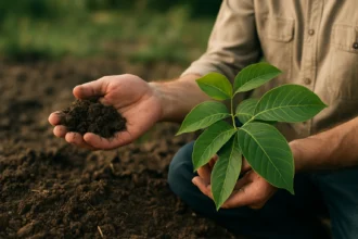 Pestovateľ drží hrst pôdy a mladý rastlinný výhonok