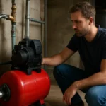 Muž kontroluje domácu vodáreň Einhell v garáži.