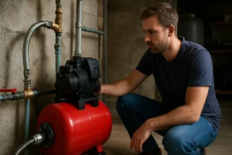 Muž kontroluje domácu vodáreň Einhell v garáži.