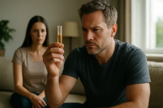 Muž analyzuje testovaciu skúmavku, zatiaľ čo žena pozoruje jeho reakciu.