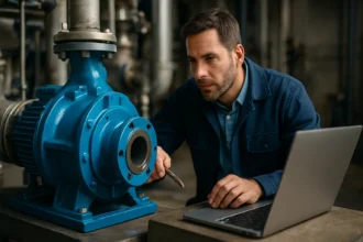 Muž skúma SIHI čerpadlo s prácou na laptopu v priemyselnom prostredí.