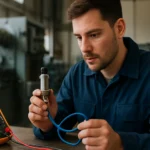 Technik skúma indukčný snímač v priemyselnom prostredí.