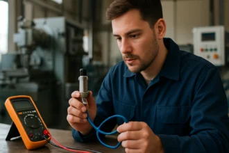 Technik skúma indukčný snímač v priemyselnom prostredí.