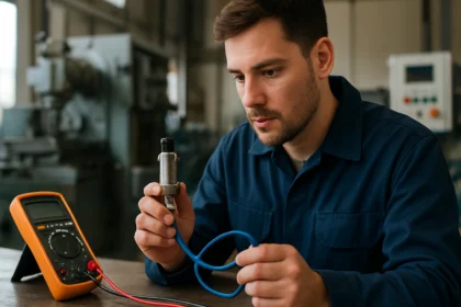 Technik skúma indukčný snímač v priemyselnom prostredí.