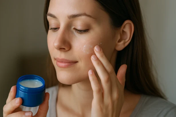 Žena nanášajúca vazelínu na pleť pre hydratáciu a ochranu.