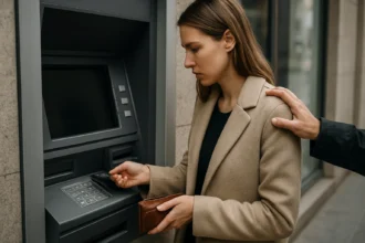 Žena pri bankomate, ktorá si dáva pozor na okolie kvôli bezpečnosti.