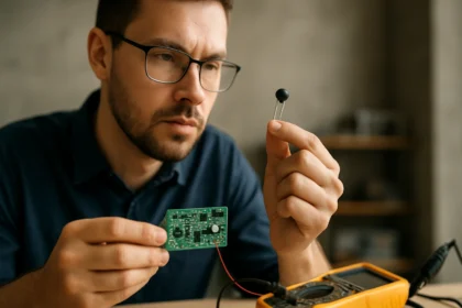 Muž skúma NTC senzor a elektronický obvod s multimetrom.