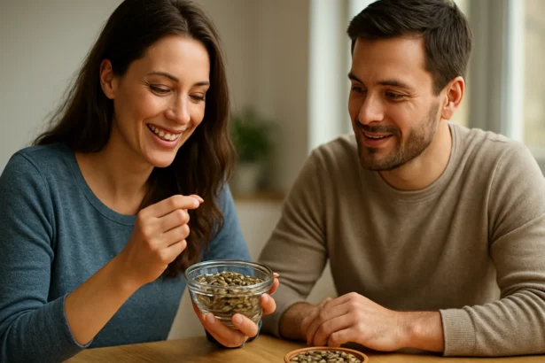Šťastný pár ochutnáva olejnaté semienka na zdravú desiatu.