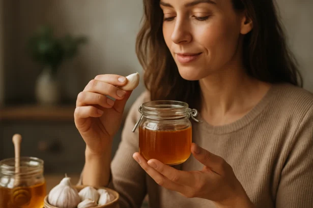 Žena drži cesnak a med pre zdravie a vitalitu.