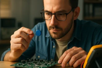 Muž skúma varistor pri oprave elektronickej dosky.