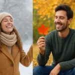 Žena v zime a muž v jeseni, obaja šťastní a v harmónii s ročnými obdobiami.