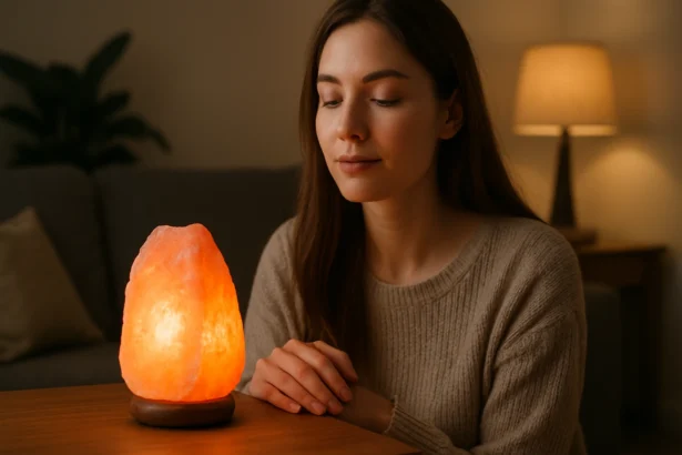 Žena medituje pri himalájskej soľnej lampe vo svetlej miestnosti.