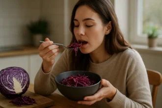 Žena si vychutnáva zdravú červenú kapustovú klíčku v miske.