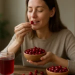 Žena si vychutnáva brusnice a brusnicový džús zdravo.