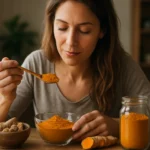 Žena ochutnávajúca kurkumu v prášku v kuchyni