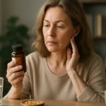 Žena skúma fľašu s doplnkom Avemar pri stole.