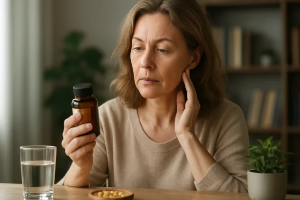 Žena skúma fľašu s doplnkom Avemar pri stole.