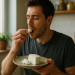 Muž vychutnáva ovčí syr na tanieri, zdravá strava.