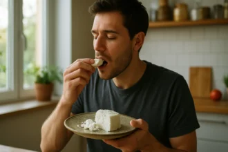 Muž vychutnáva ovčí syr na tanieri, zdravá strava.