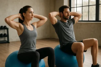Začiatočníci cvičia na fitness balóne, zlepšujú silu a rovnováhu.