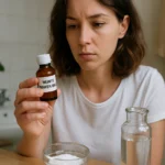 Žena skúma fľašu s metylsalicylátom na liečbu bolesti.