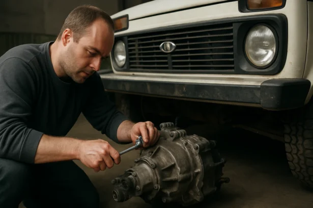 Mechanik pracuje na prevodovke Lada Niva s náradím.