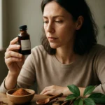 Žena skúma liek v fľaštičke s kininom, prírodným liečivom.