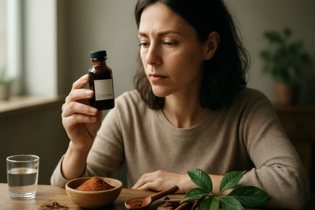 Žena skúma liek v fľaštičke s kininom, prírodným liečivom.