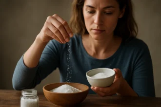 Žena sype soľ z jednej misy do druhej.