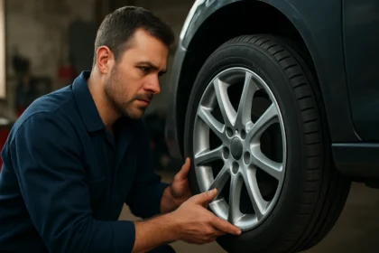 Mechanik kontroluje magnéziové disky na aute.