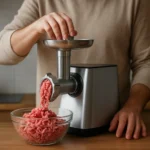 Muž používa stroj na drť na prípravu domácej drene.