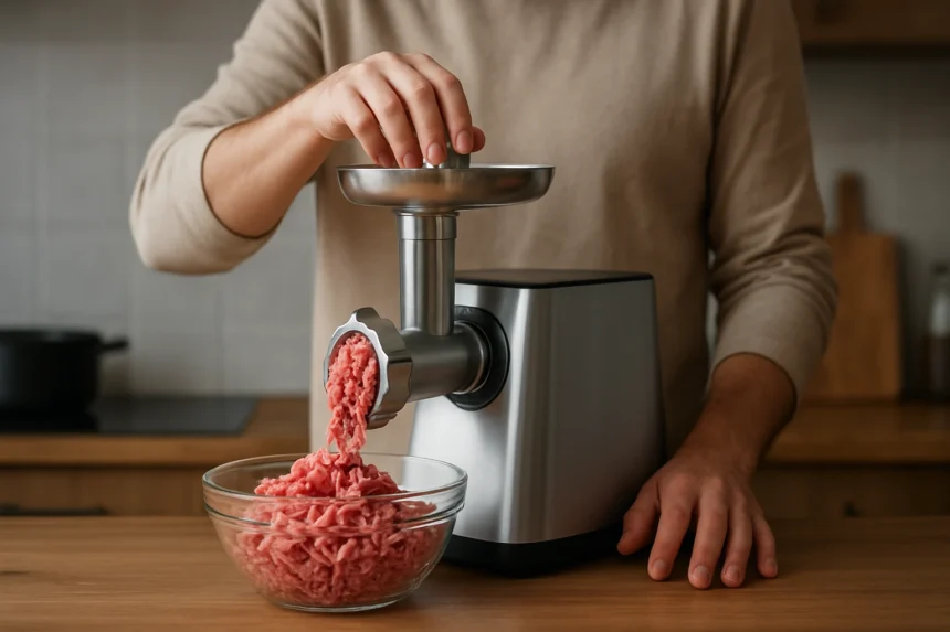 Muž používa stroj na drť na prípravu domácej drene.