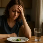 Žena zamyslená pri jedálnom stole s prázdnym tanierom a pohárom vody.