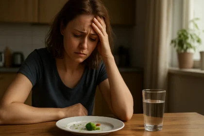 Žena zamyslená pri jedálnom stole s prázdnym tanierom a pohárom vody.