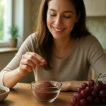 Žena s mletými červenými hroznovými jadierkami v kuchyni