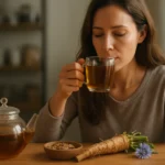 Žena vychutnávajúca liečivý čaj z koreňa čakanky