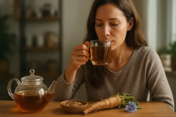 Žena vychutnávajúca liečivý čaj z koreňa čakanky