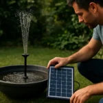 Muž inštaluje solárnu fontánu v záhrade s vodnou nádržou.