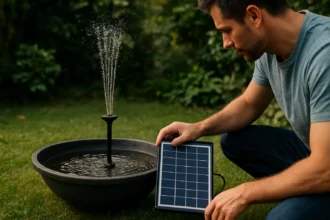 Muž inštaluje solárnu fontánu v záhrade s vodnou nádržou.