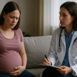 Tehotná žena diskutuje o zápche s lekárkou v ordinácii.