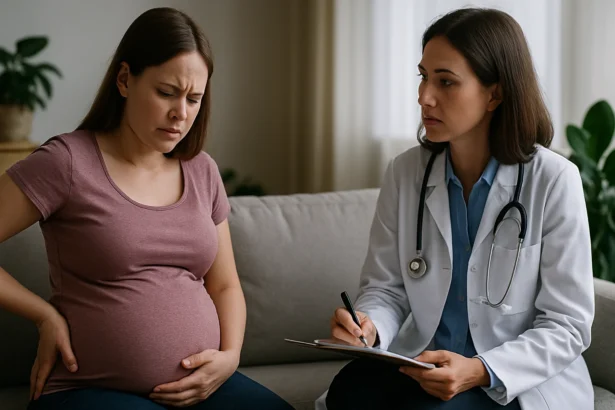 Tehotná žena diskutuje o zápche s lekárkou v ordinácii.
