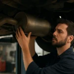 Mechanik kontroluje zadný tlmič výfuku vozidla v autoservise.