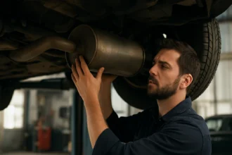 Mechanik kontroluje zadný tlmič výfuku vozidla v autoservise.