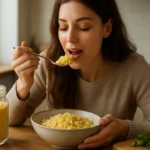 Žena jesť proso v kuchyni z keramickej misky.