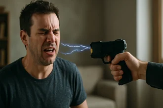 Muž trpiaci účinkom elektrického paralyzéra počas demonštrácie.