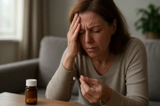 Žena s bolesťou hlavy držiaca liek Asentra