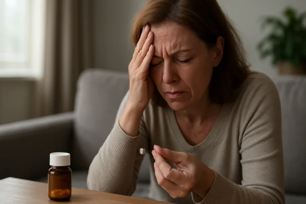 Žena s bolesťou hlavy držiaca liek Asentra