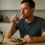 Muž s pohárom vody sedí pri stole so zdravým jedlom počas prerušovaného pôstu